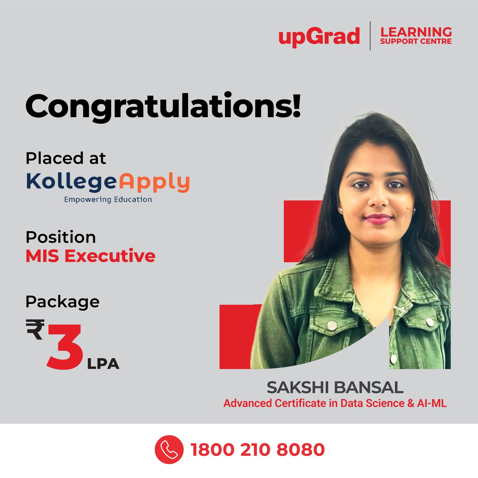 Sakshi Bansal placed at KollegeApply as an MIS Executive with a package of 3 LPA